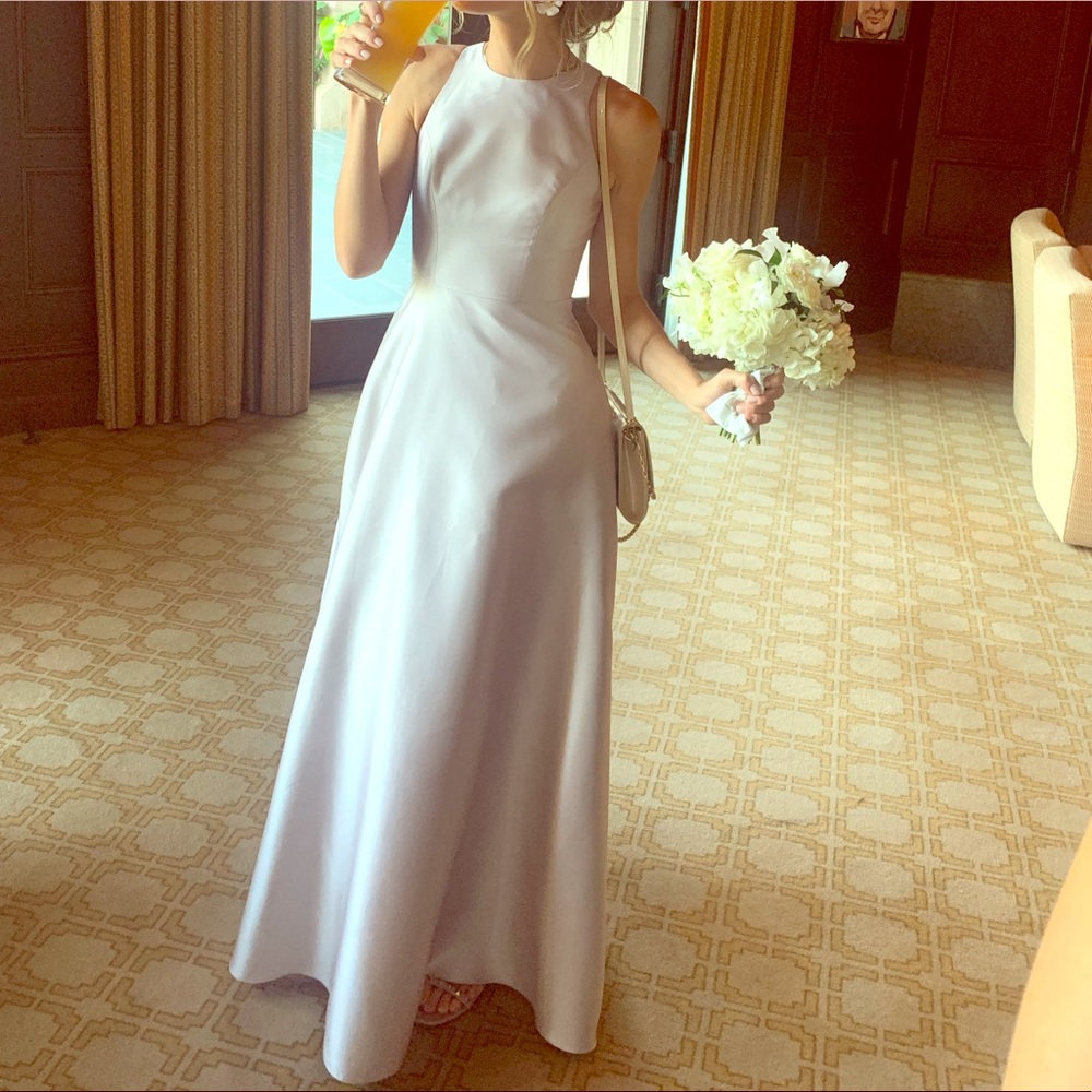 Alfred Sung D746 bridesmaid gown in silver/taupe
